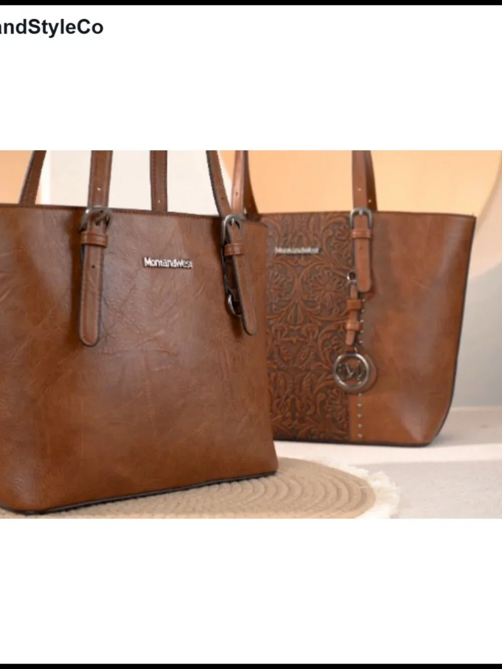 Vegan Leather Tote Bag and Handbag Set with Silver Hardware, Embossed Pattern,